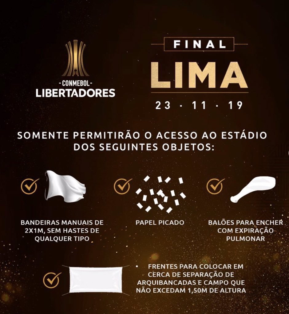 Conmebol divulga normas de segurança para final da Libertadores; entradas com bonés não serão permitidas