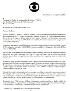 Globo envia comunicado à FERJ e aponta preocupação com retorno do Carioca