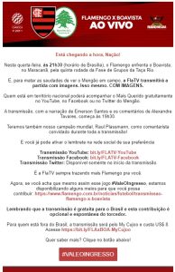Por e-mail, Flamengo confirma transmissão com imagens da partida contra o Boavista